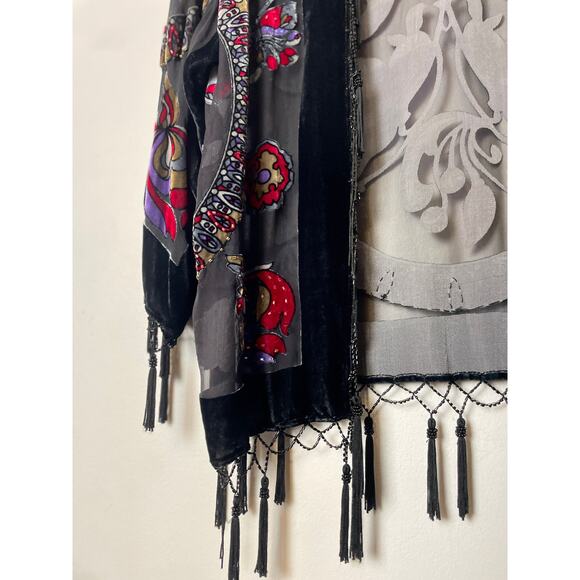 Vintage JBS Women's Sheer Fringe Kimono Shirt Black Beaded Artsy Boho Rocker - Picture 4 of 7